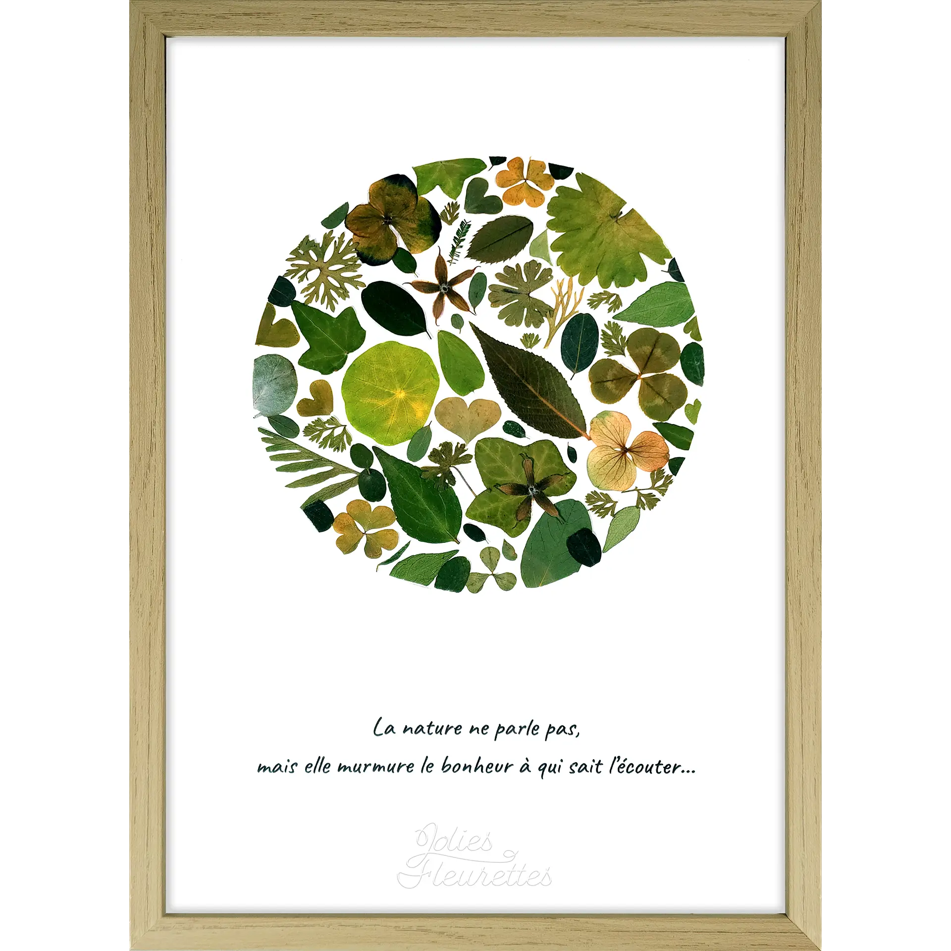 Herbier de fleurs et feuillage séchées vertes en composition lunaire, accompagné d'une citation inspirante et cadre naturel