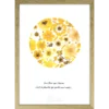 pleine lune en herbier de couleur jaune et blanche, avec citation sur les fleurs et encadrement en bois clair