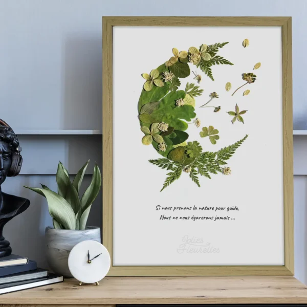 sur cadre bois clair, herbier demi lune de végétaux vert avec citation sur la nature