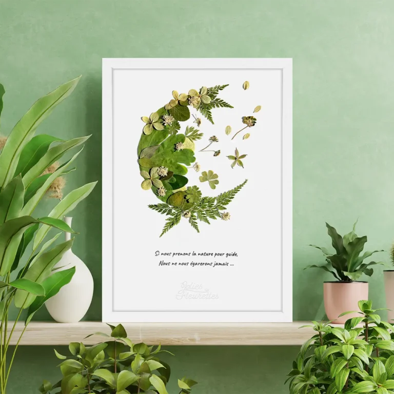 lune ouverte de couleur verte avec feuillage pressée et collé, citation sur la nature et cadre bois blanc