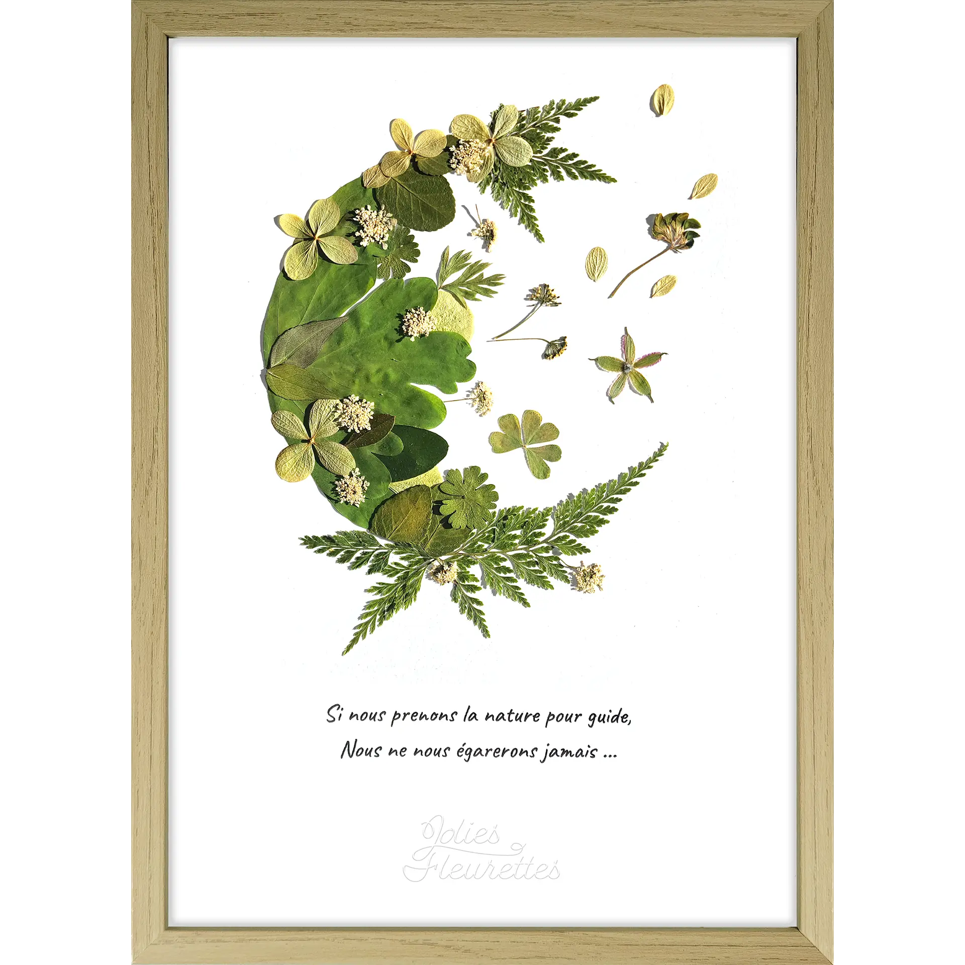 Herbier de fleurs séchées vertes en motif lune croissante avec citation sur la nature