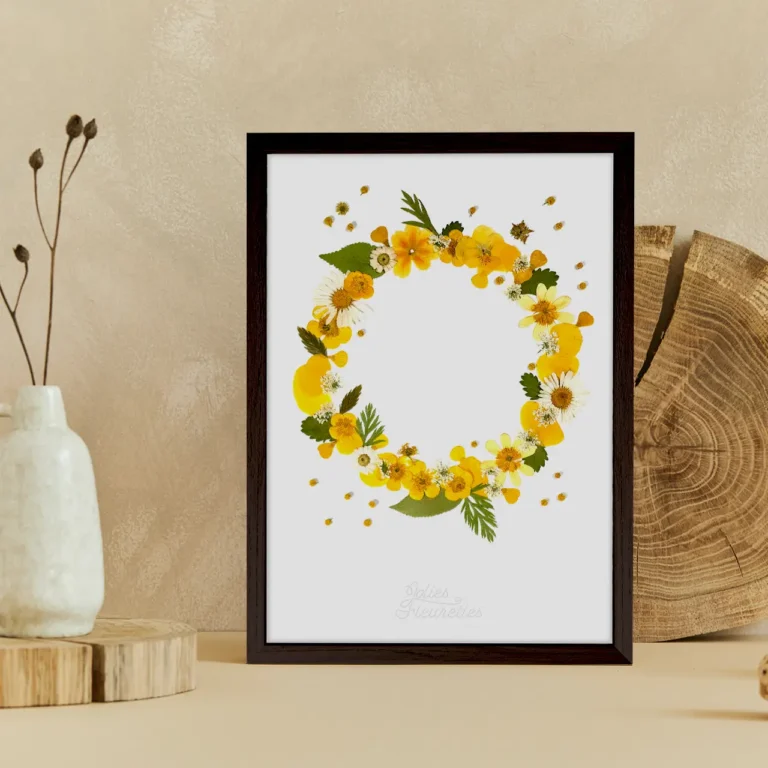 couronne d'or en fleurs pressées et collées façon herbier cadre en bois foncé