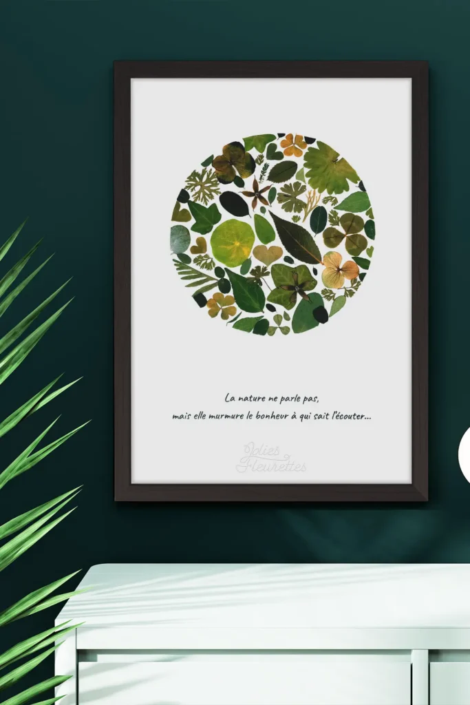 pleine lune en fleurs et végétaux pressées de couleur verte, végétal et naturel, cadre bois foncé en forme A4