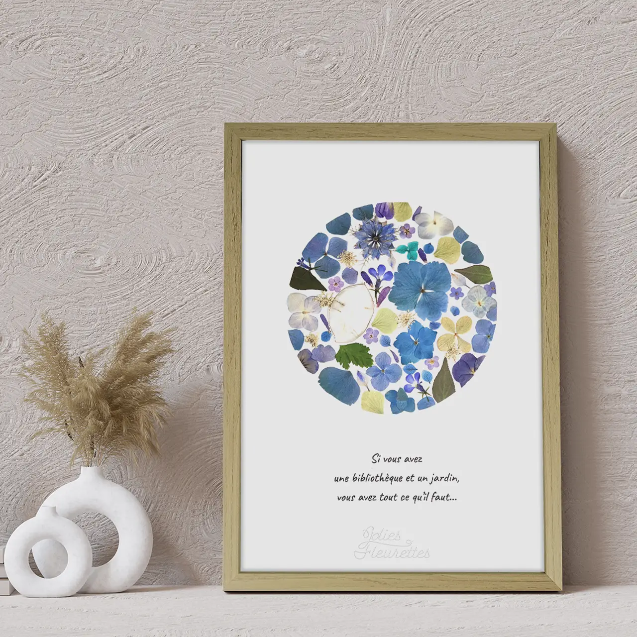 esprit lune bleu herbier floral hortensia cadre bois clair