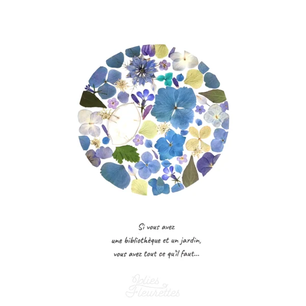Herbier floral circulaire aux fleurs bleues, ambiance lune pleine