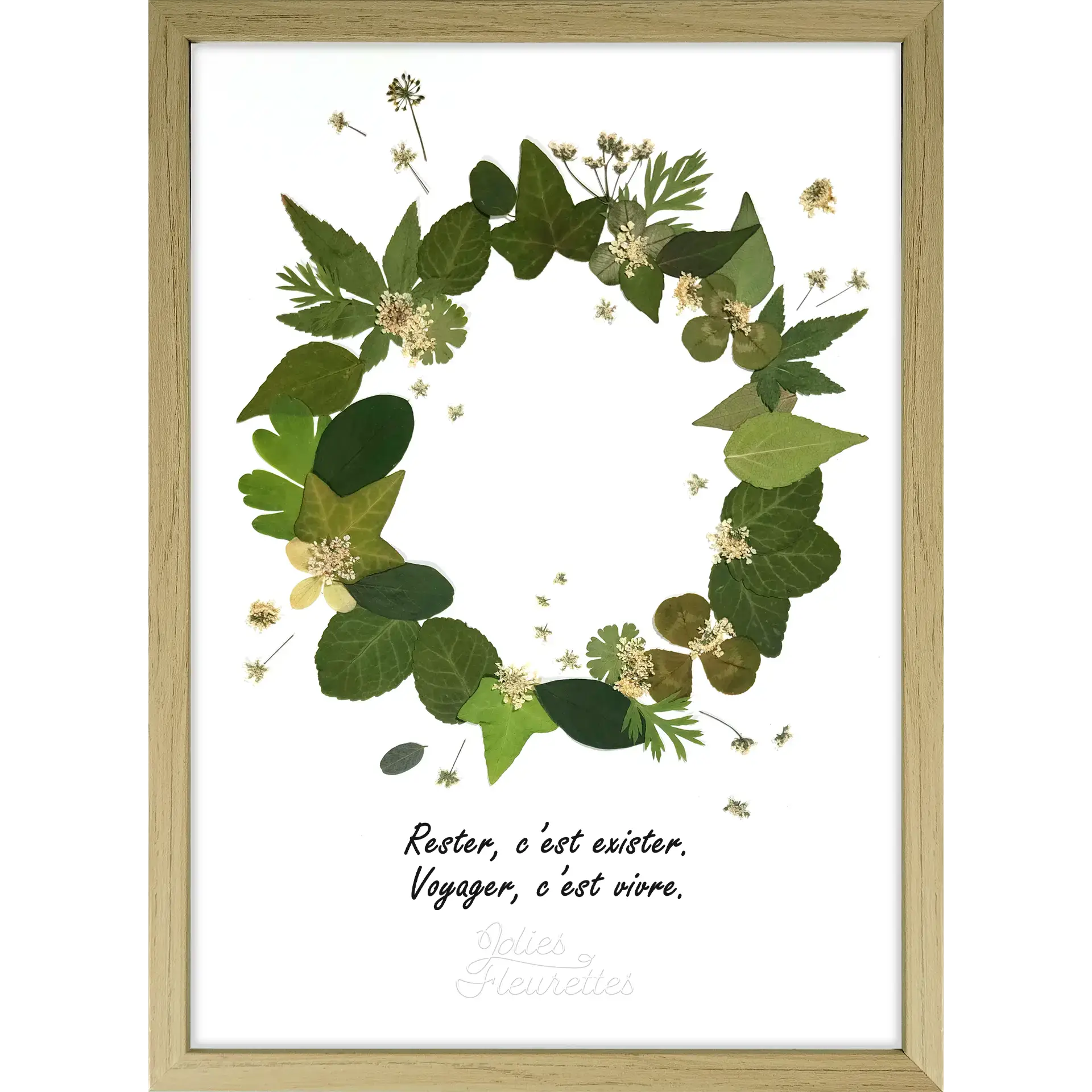couronne de végétaux façon herbier avec citation et cadre bois clair