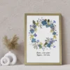 Couronne de fleurs pressées style herbier, ambiance naturelle bleutée et apaisante
