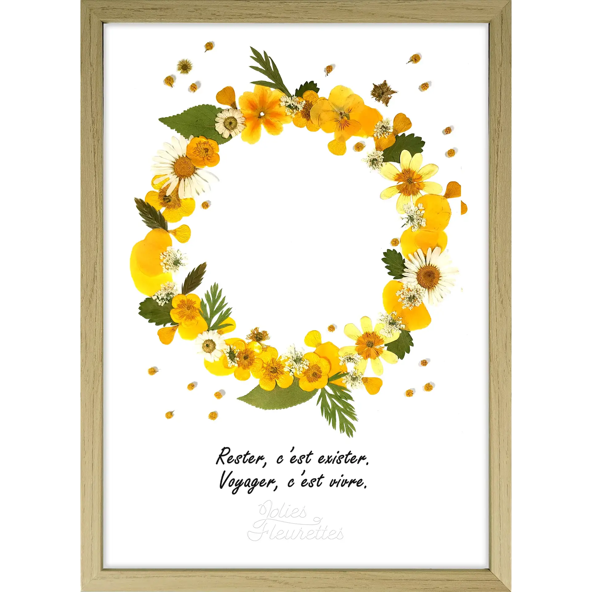 Couronne végétale en fleurs jaunes pressées, style naturel, citation inspirante et apaisante