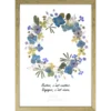 Couronne florale en herbier avec fleurs bleues naturellement pressées, hortensia, nigelle et citation inspirante