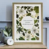 herbier végétal en feuillages pressés, citation en son centre