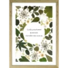 herbier ajouré en pleine page, couleur verte végétale, avec citation inspirante en rond en son centre cadre bois clair