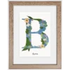 Herbier lettre B avec des nuances de bleue et vert sur fond blanc cadre bois clair