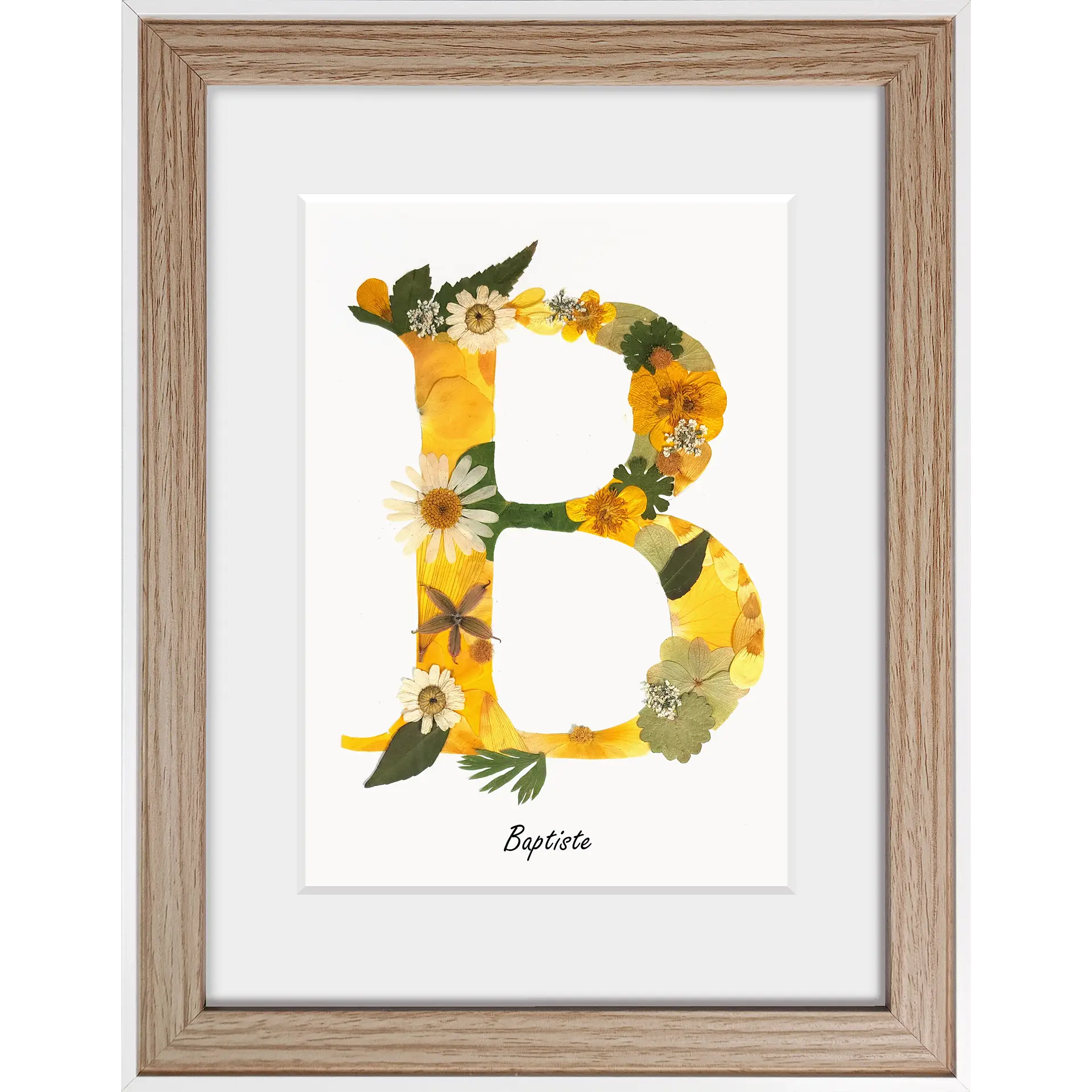 Herbier lettre B de couleur jaune et lumineuse sur fond blanc