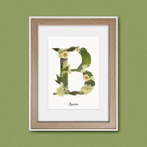 cadre bois clair avec herbier lettre B vert et nature en intérieur