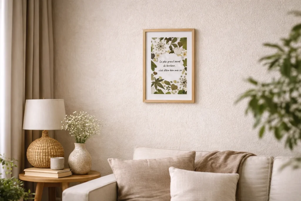herbier floral encadré format A4 dans un salon naturel